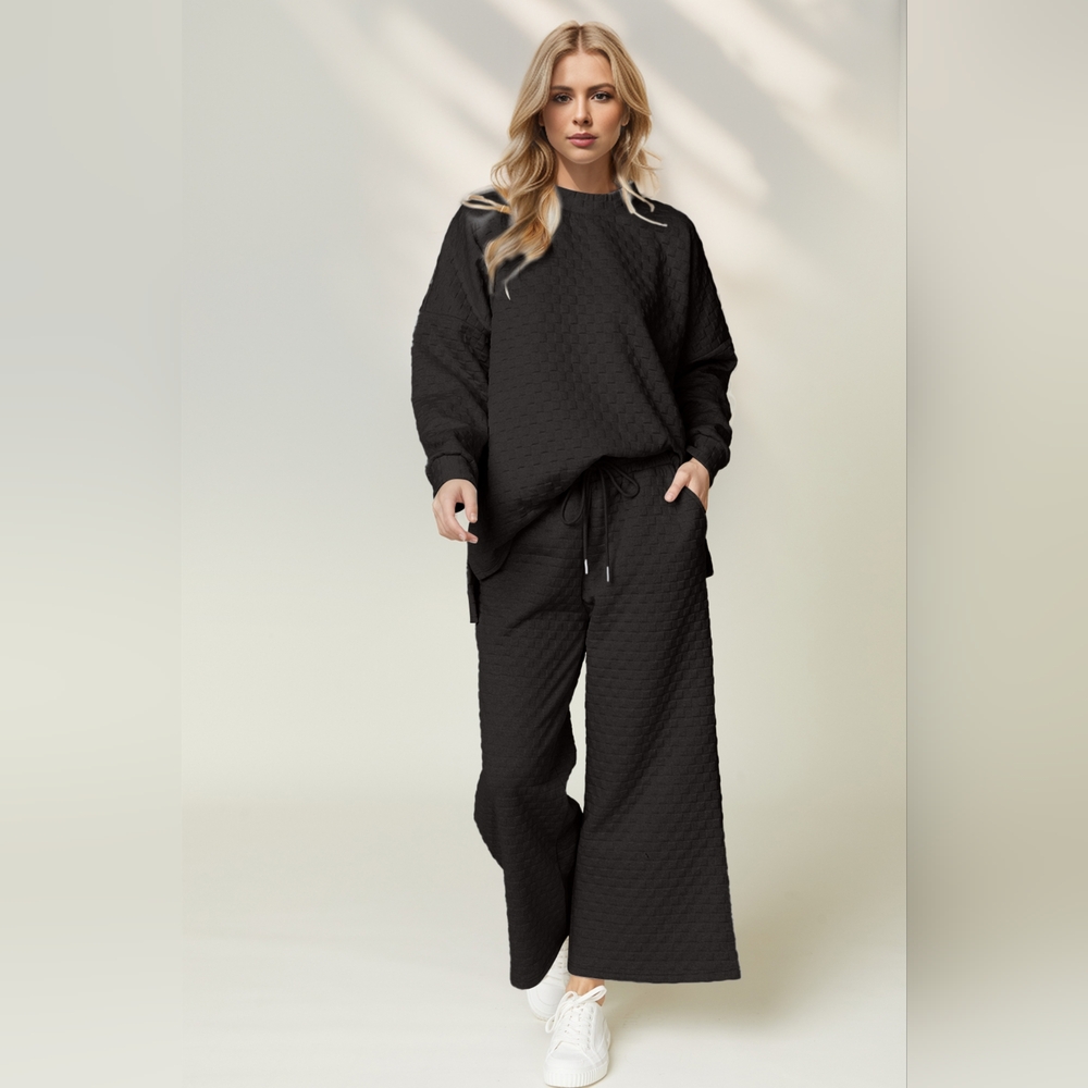 Double Take Checkered Slit High-Low Round Neck Top and Wide Leg Pants Set